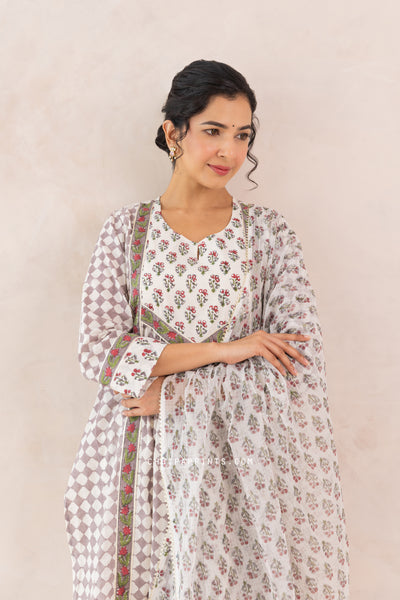 Cotton Block Print Checks Front Gather Kurta Set in Grey