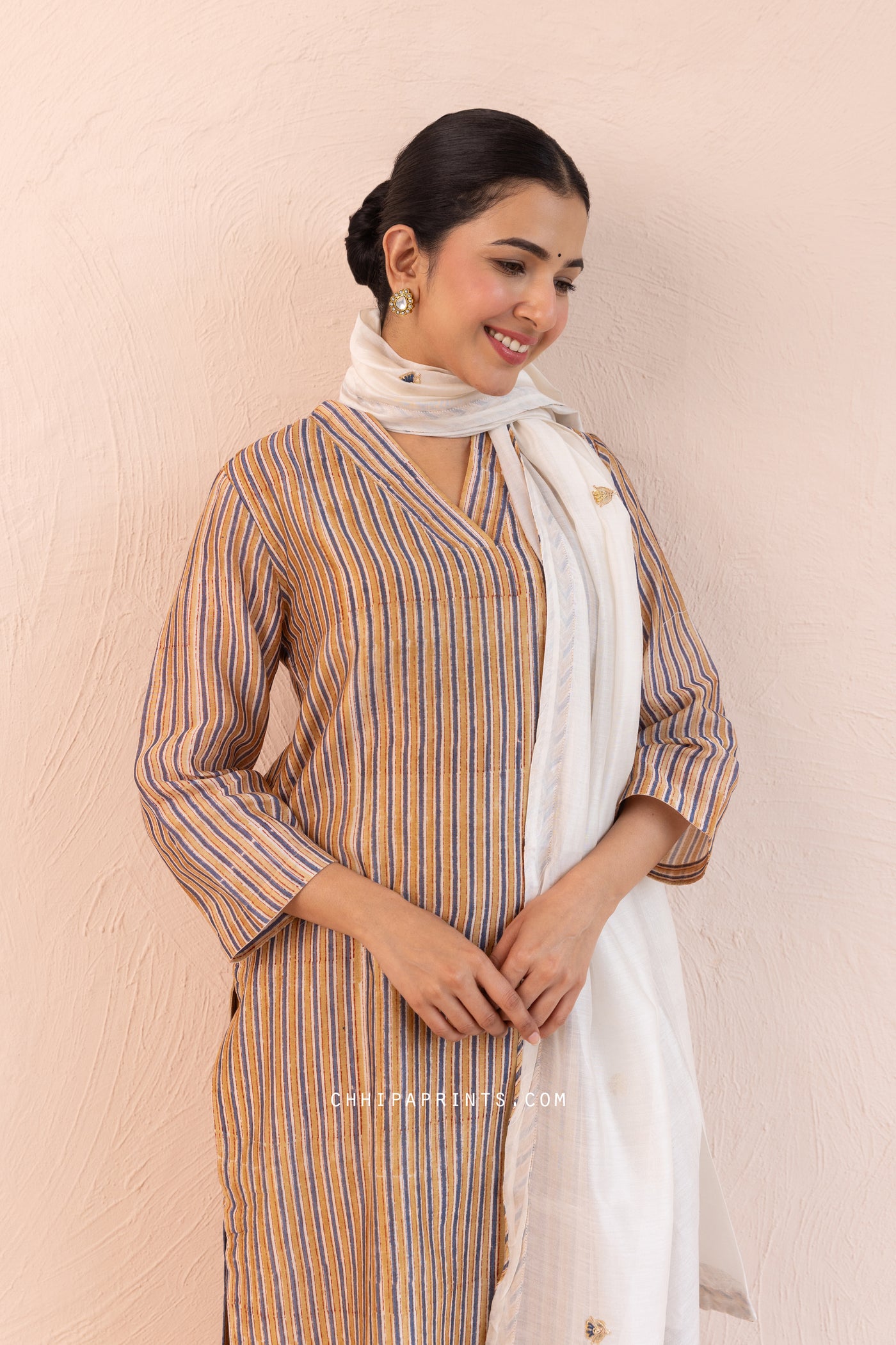 Chanderi Silk Block Print Mahin Stripes Kurta Set in Bronze Mist