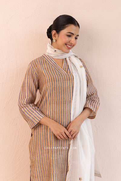 Chanderi Silk Block Print Mahin Stripes Kurta Set in Bronze Mist