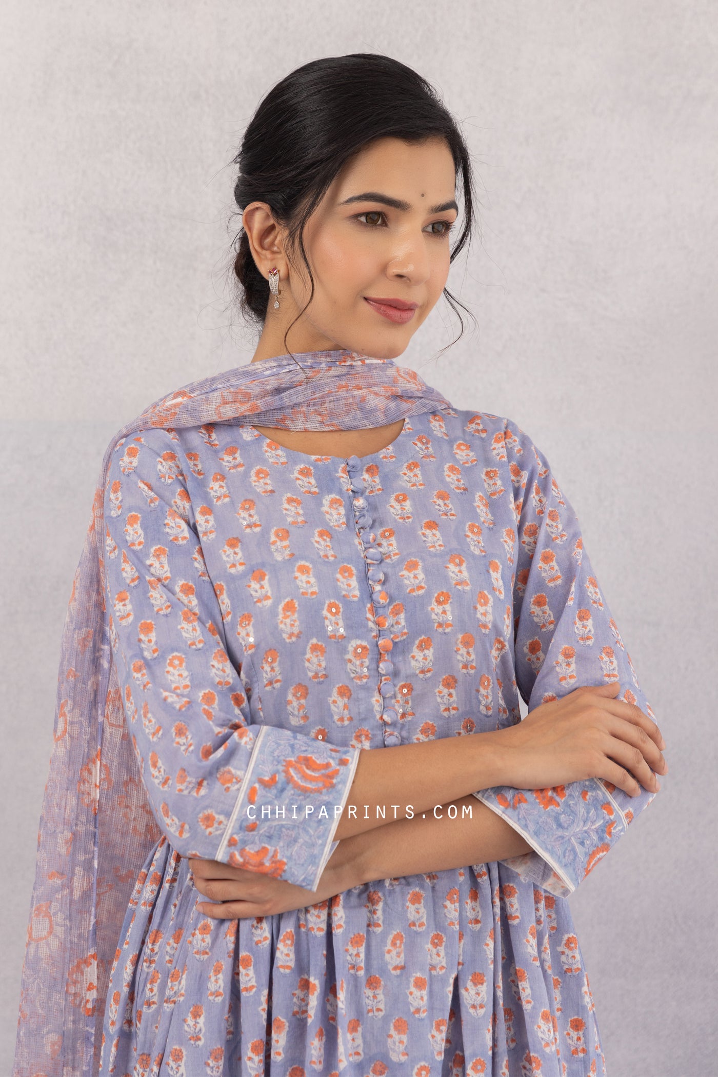 Cotton Block Print Flared Long Kurta Set in Shades of Muted Purple & Peach