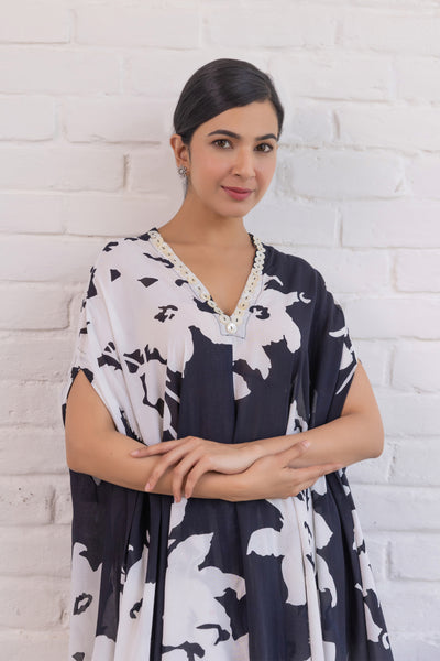 Cotton Hand Printed Asymmetrical Kaftan and Pant Co Ord Set in Black