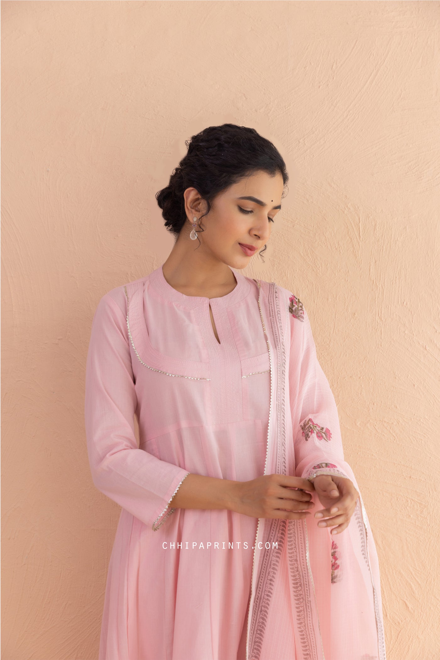 Cotton Block Print Matka Anarkali Kurta Set in Baby Pink