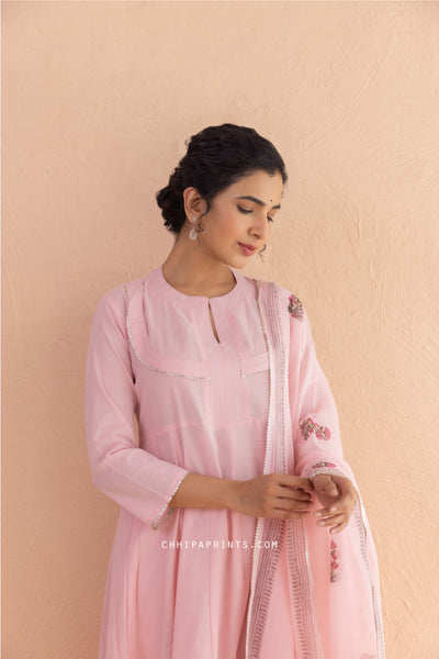 Cotton Block Print Matka Anarkali Kurta Set in Baby Pink