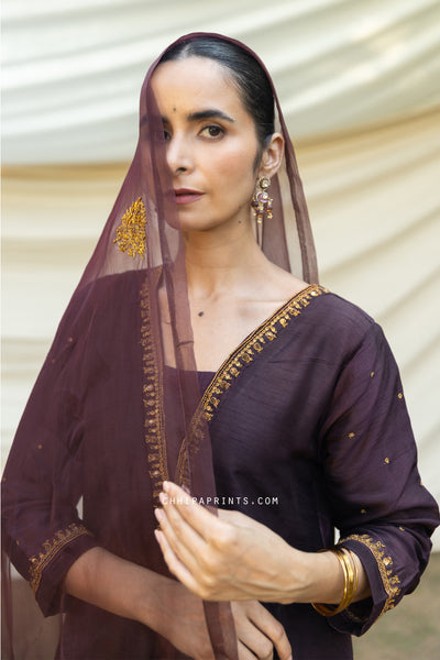 Raw Silk V Neck Antique Gold Embroidery Kurta Set in Dark Burgundy