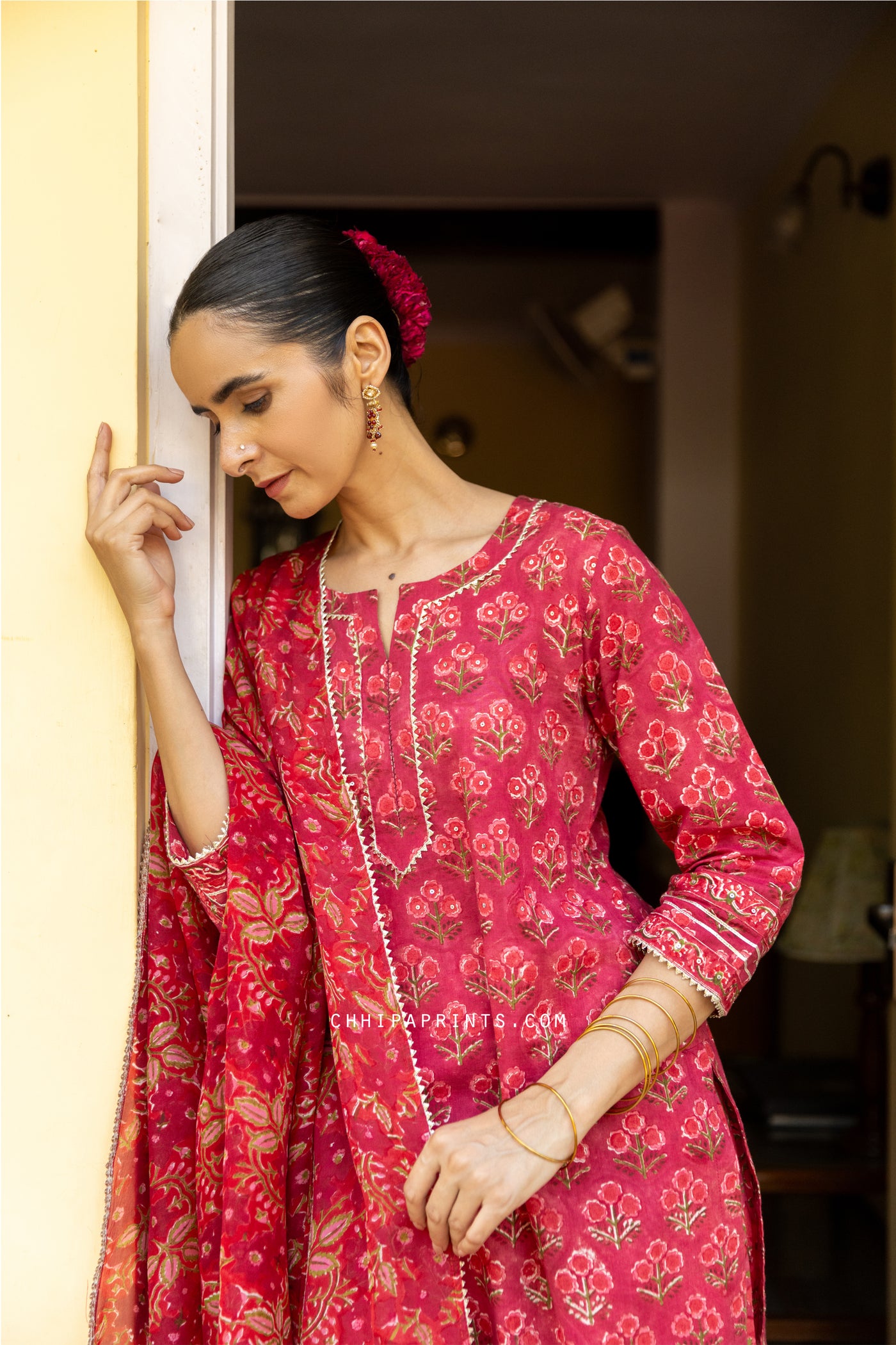 Cotton Block Print Gud Buti Kurta Set in Shades of Red