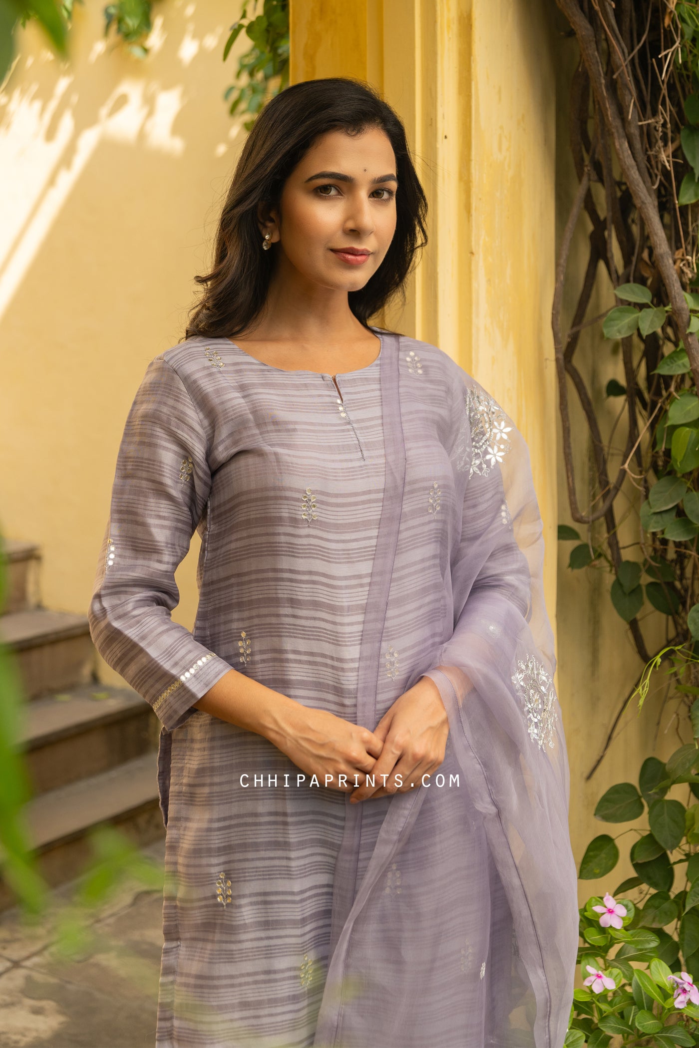 Chanderi Silk Dobby Gota Patti Work Kurta Set in Purple Haze