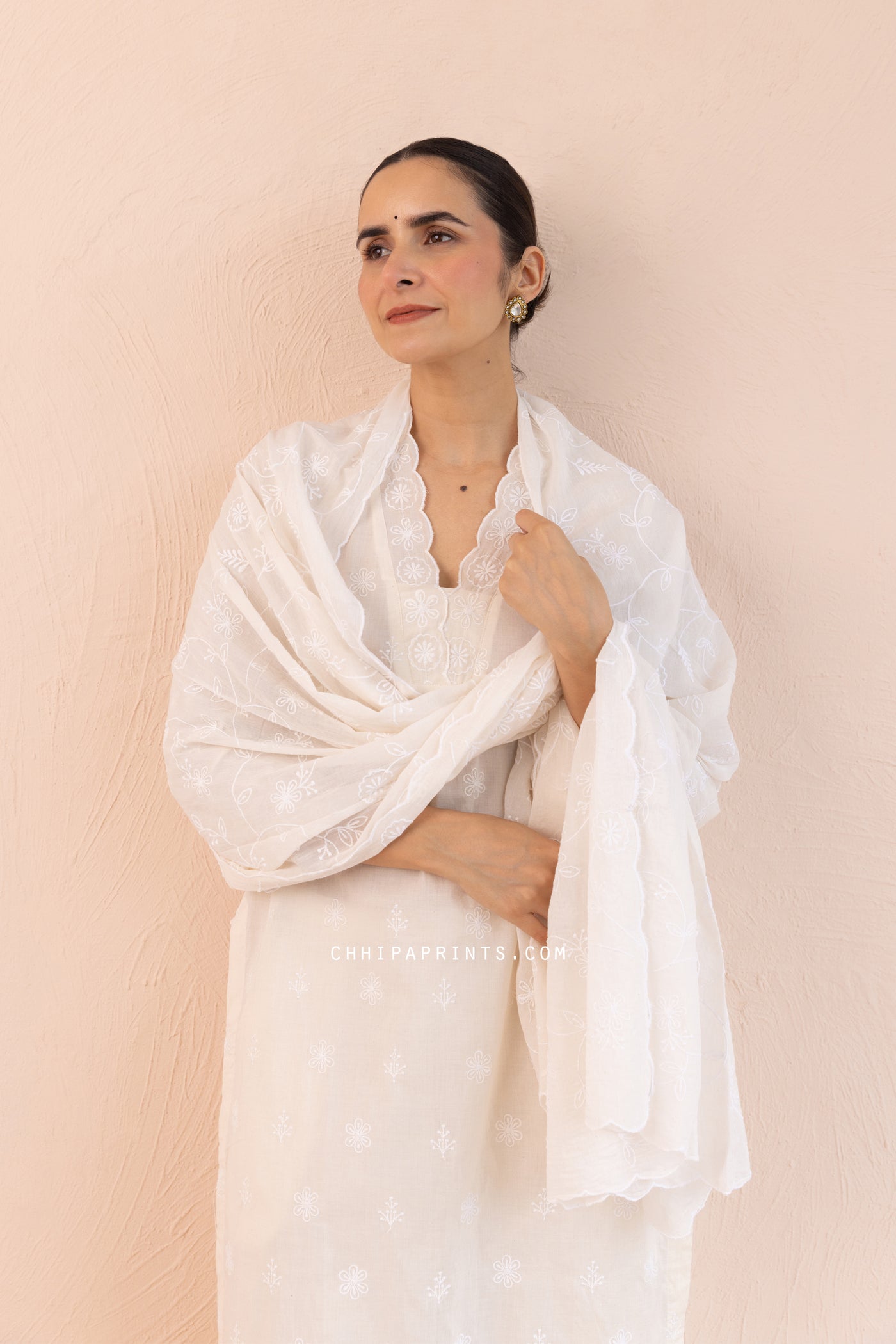 Cotton Jaal & Buti Embroidered Kurta Set in Tofu White