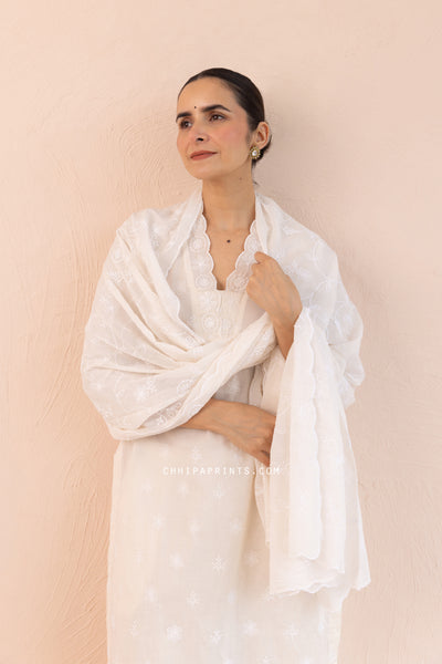 Cotton Jaal & Buti Embroidered Kurta Set in Tofu White