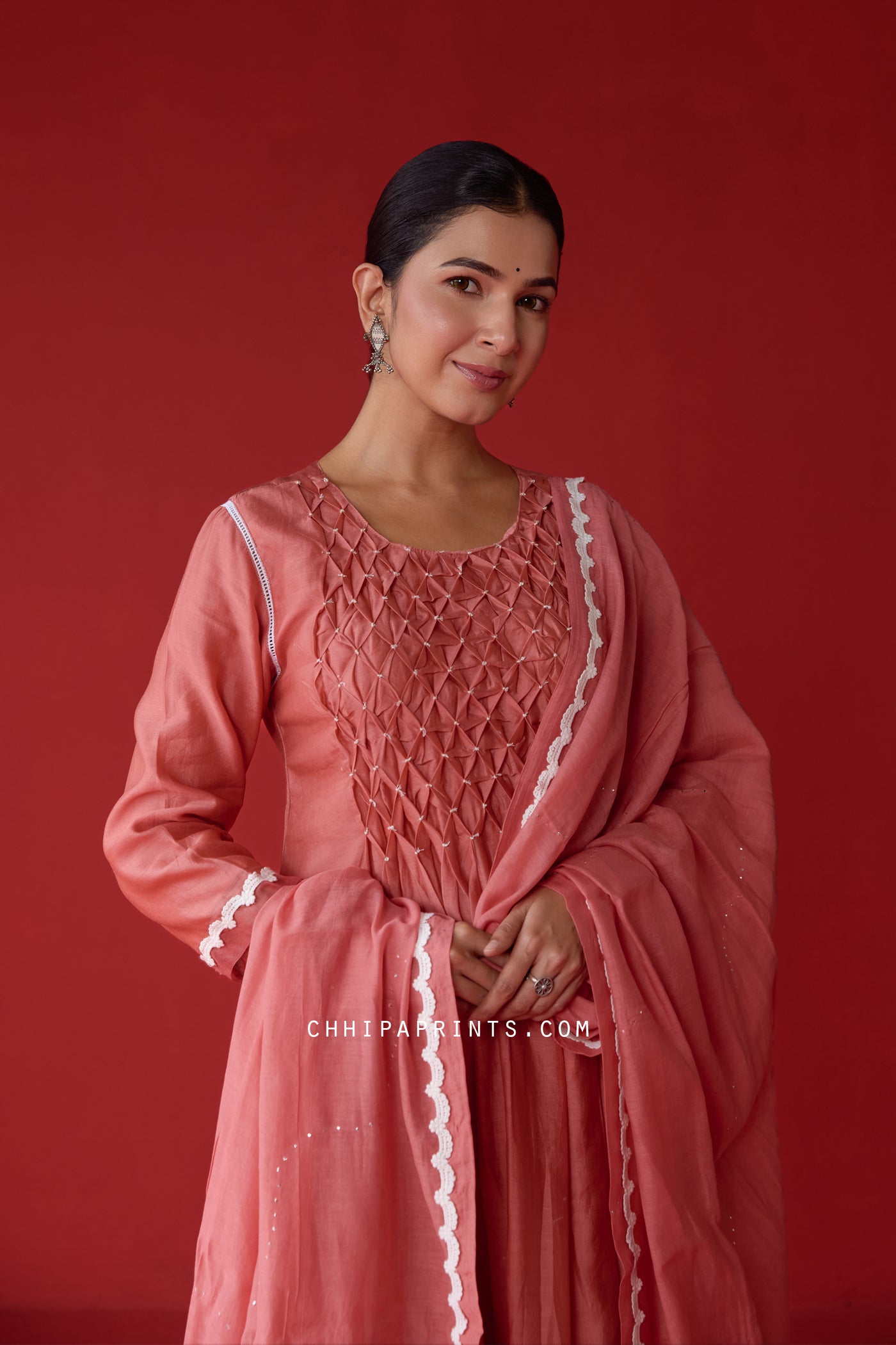 Chanderi Silk Smocking Yoke Kurta Set in Faded Rose