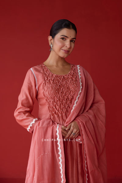 Chanderi Silk Smocking Yoke Kurta Set in Faded Rose