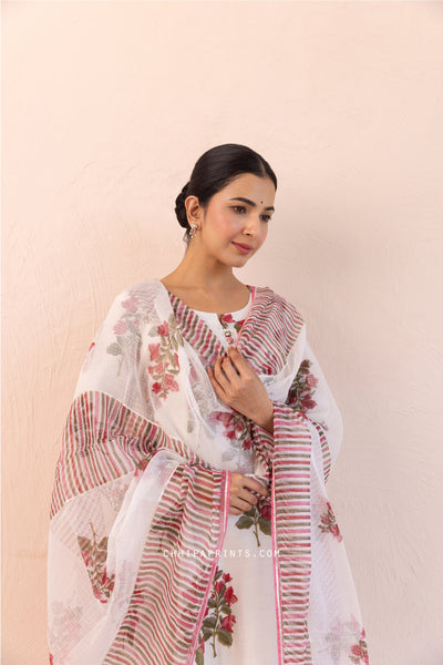 Chanderi Silk Block Print Chintz Long Kurta Set in Berry Red