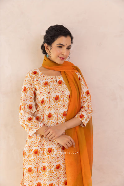 Cotton Hand Printed Lotus Buti Kurta Set in Shades of Mustard & Orange