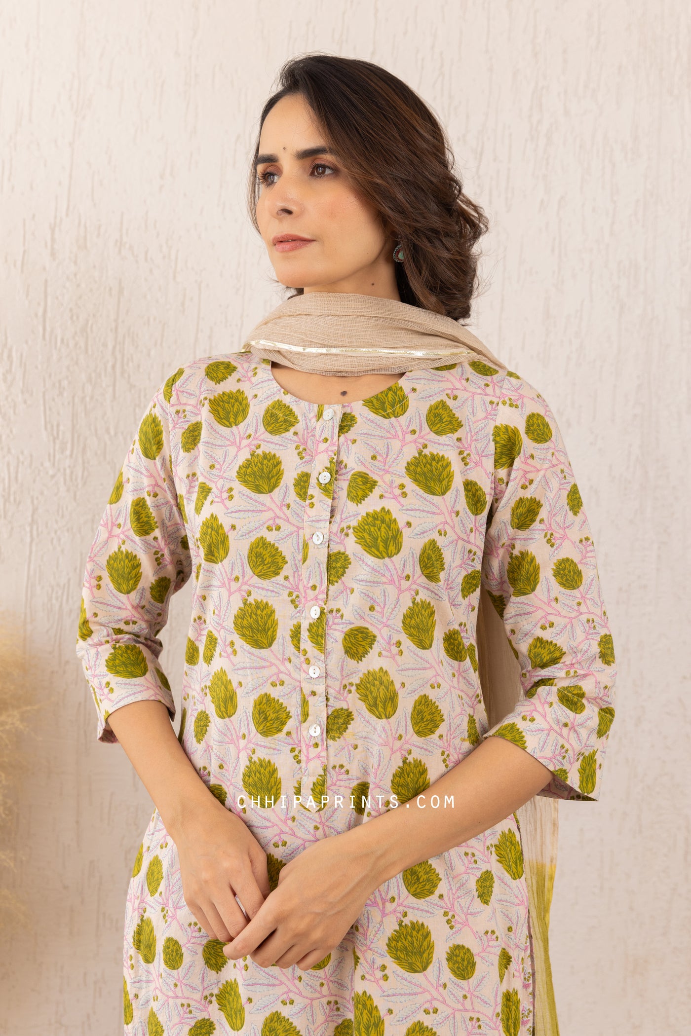 Cotton Mughal Lily Jaal Print Kurta Set in Shades of Beige & Green