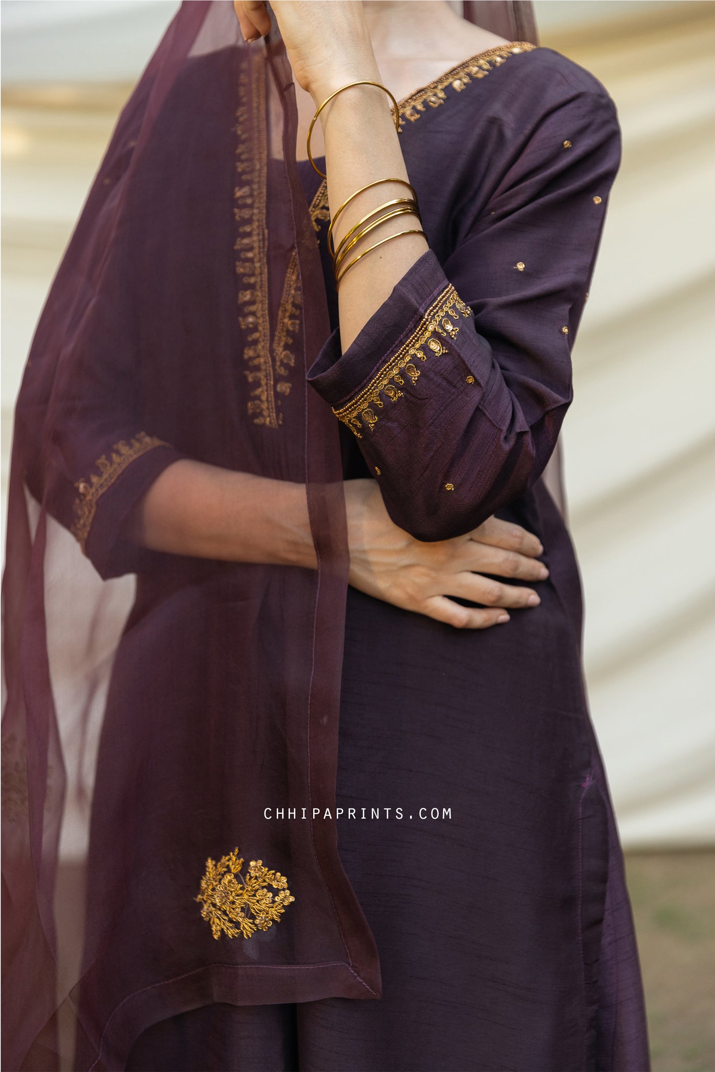 Raw Silk V Neck Antique Gold Embroidery Kurta Set in Dark Burgundy