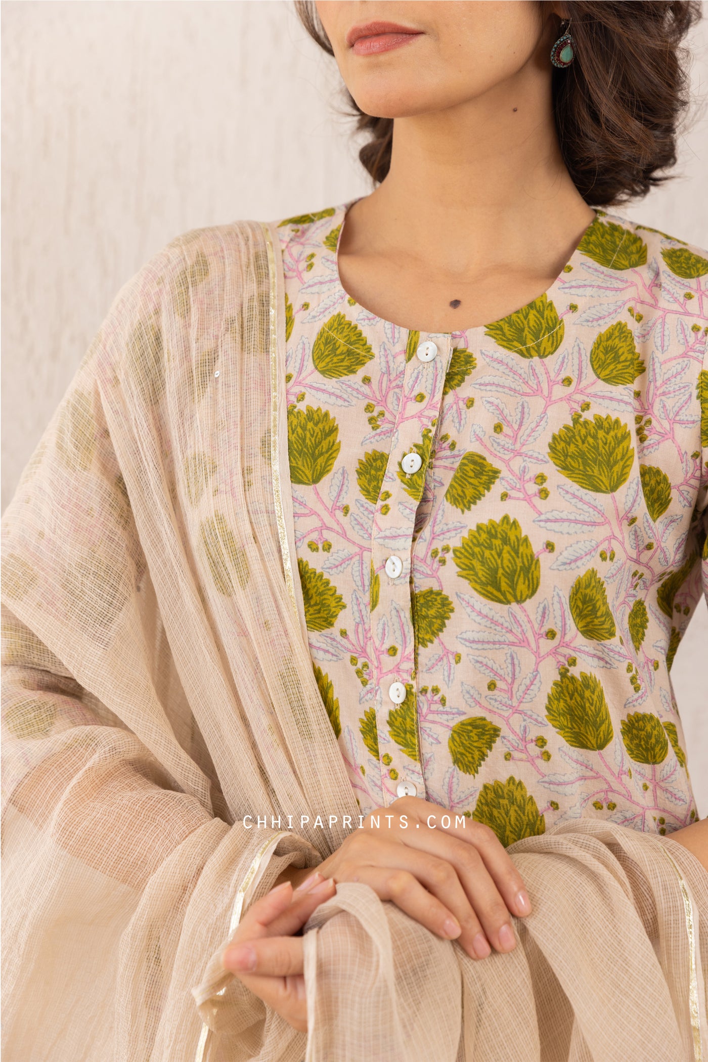 Cotton Mughal Lily Jaal Print Kurta Set in Shades of Beige & Green