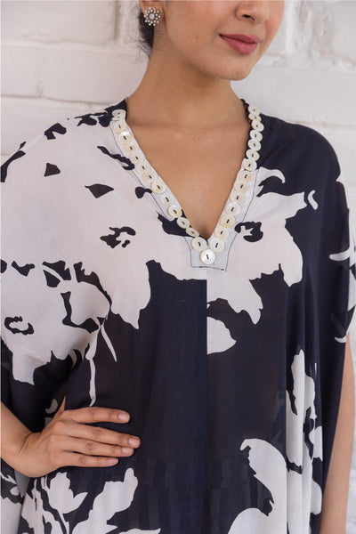 Cotton Hand Printed Asymmetrical Kaftan and Pant Co Ord Set in Black