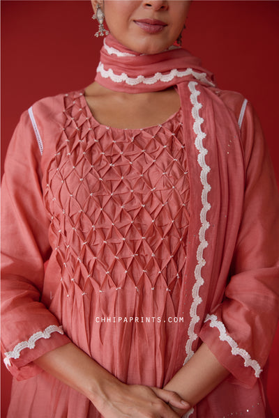 Chanderi Silk Smocking Yoke Kurta Set in Faded Rose