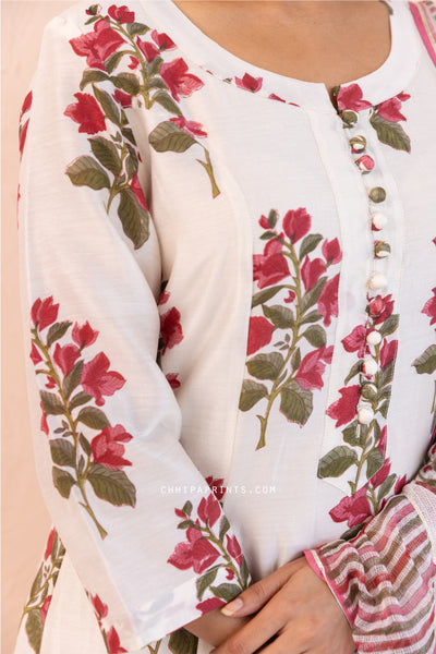 Chanderi Silk Block Print Chintz Long Kurta Set in Berry Red