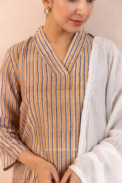 Chanderi Silk Block Print Mahin Stripes Kurta Set in Bronze Mist