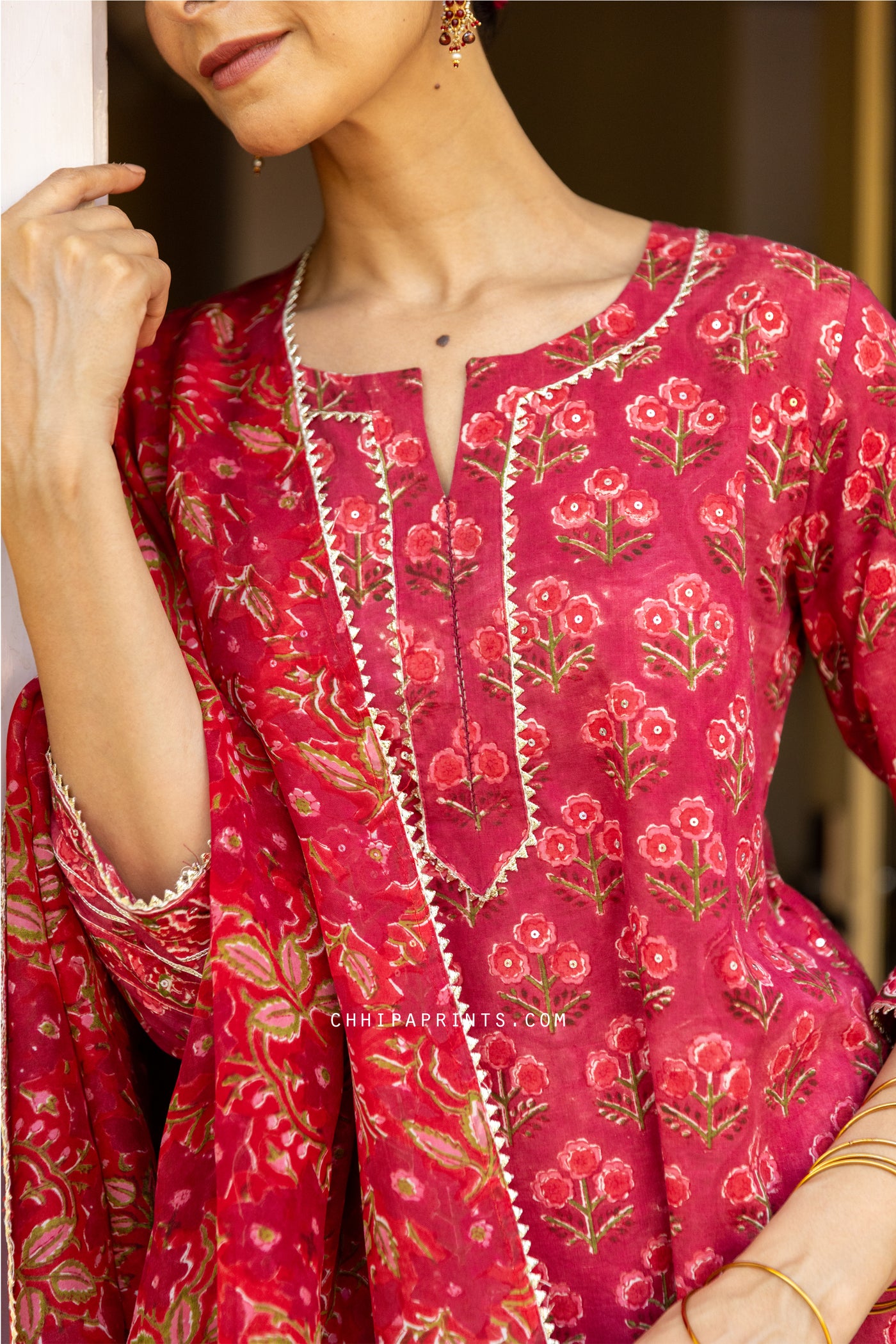 Cotton Block Print Gud Buti Kurta Set in Shades of Red