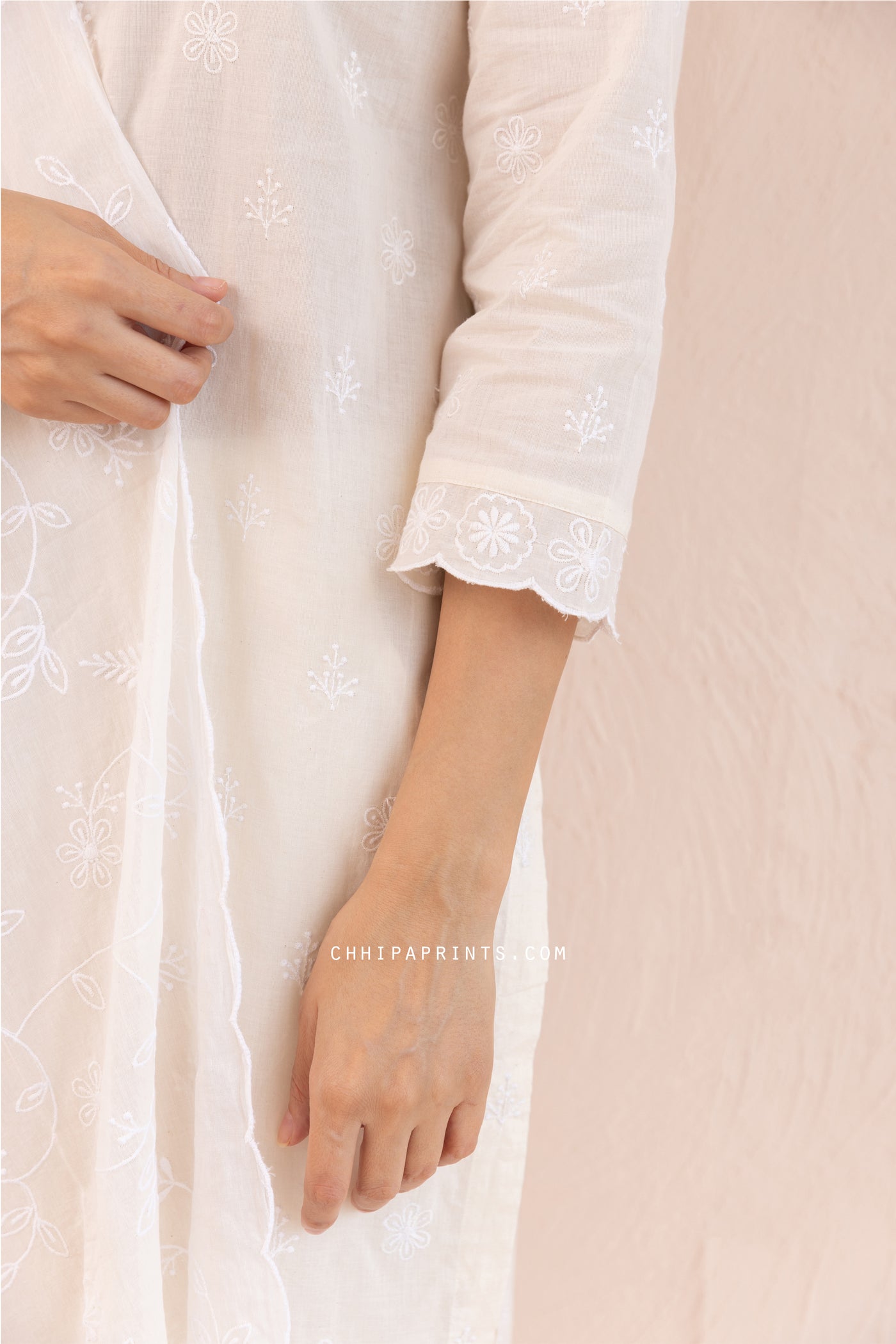 Cotton Jaal & Buti Embroidered Kurta Set in Tofu White