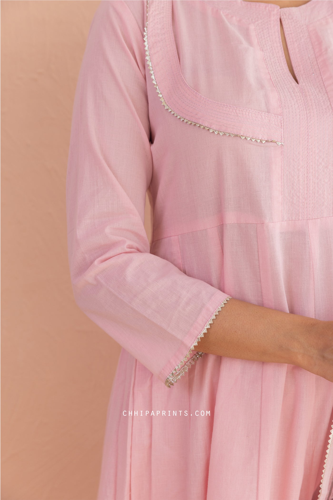 Cotton Block Print Matka Anarkali Kurta Set in Baby Pink