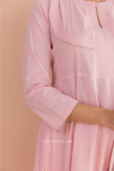 Cotton Block Print Matka Anarkali Kurta Set in Baby Pink