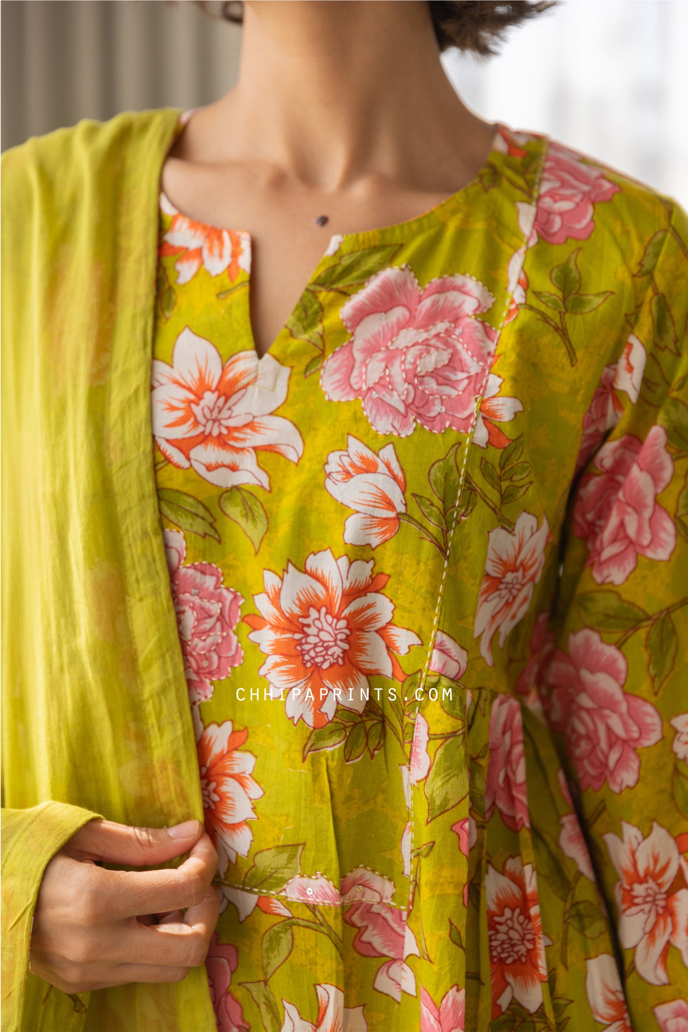 Cotton Lotus Jaal Print Kurta Set in Shades of Lime Green