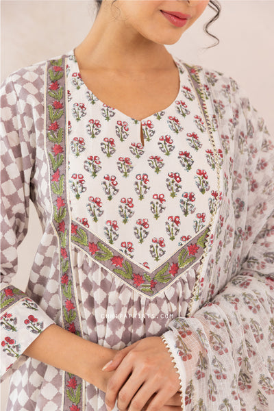 Cotton Block Print Checks Front Gather Kurta Set in Grey