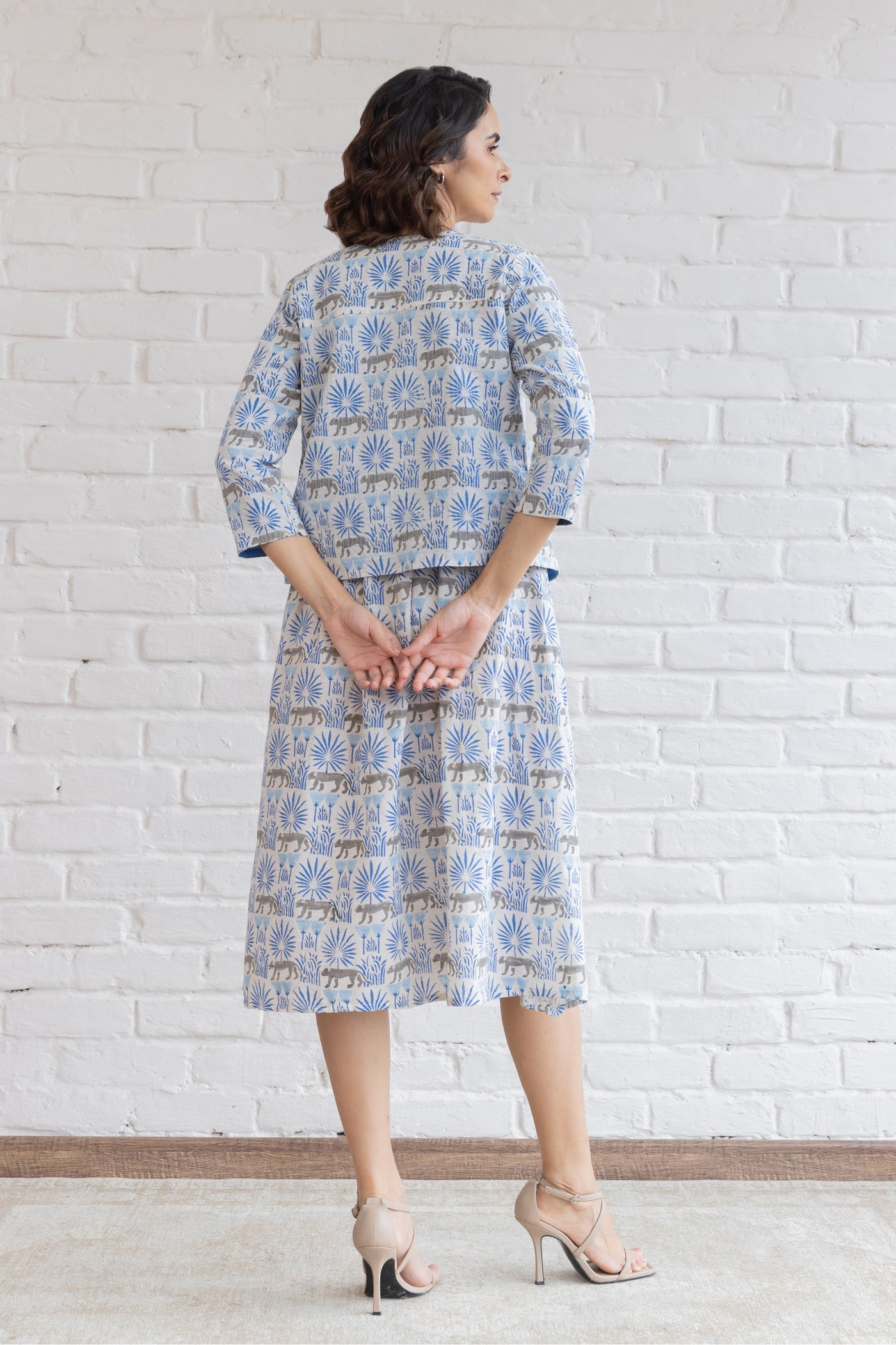 Cotton Jungle Print Midi Dress & Overlay in Shades of Blue