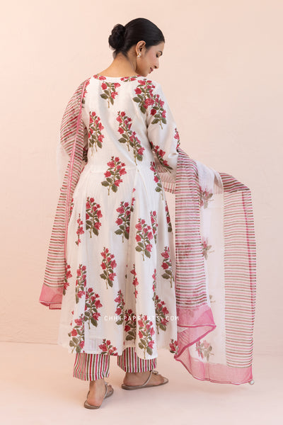 Chanderi Silk Block Print Chintz Long Kurta Set in Berry Red