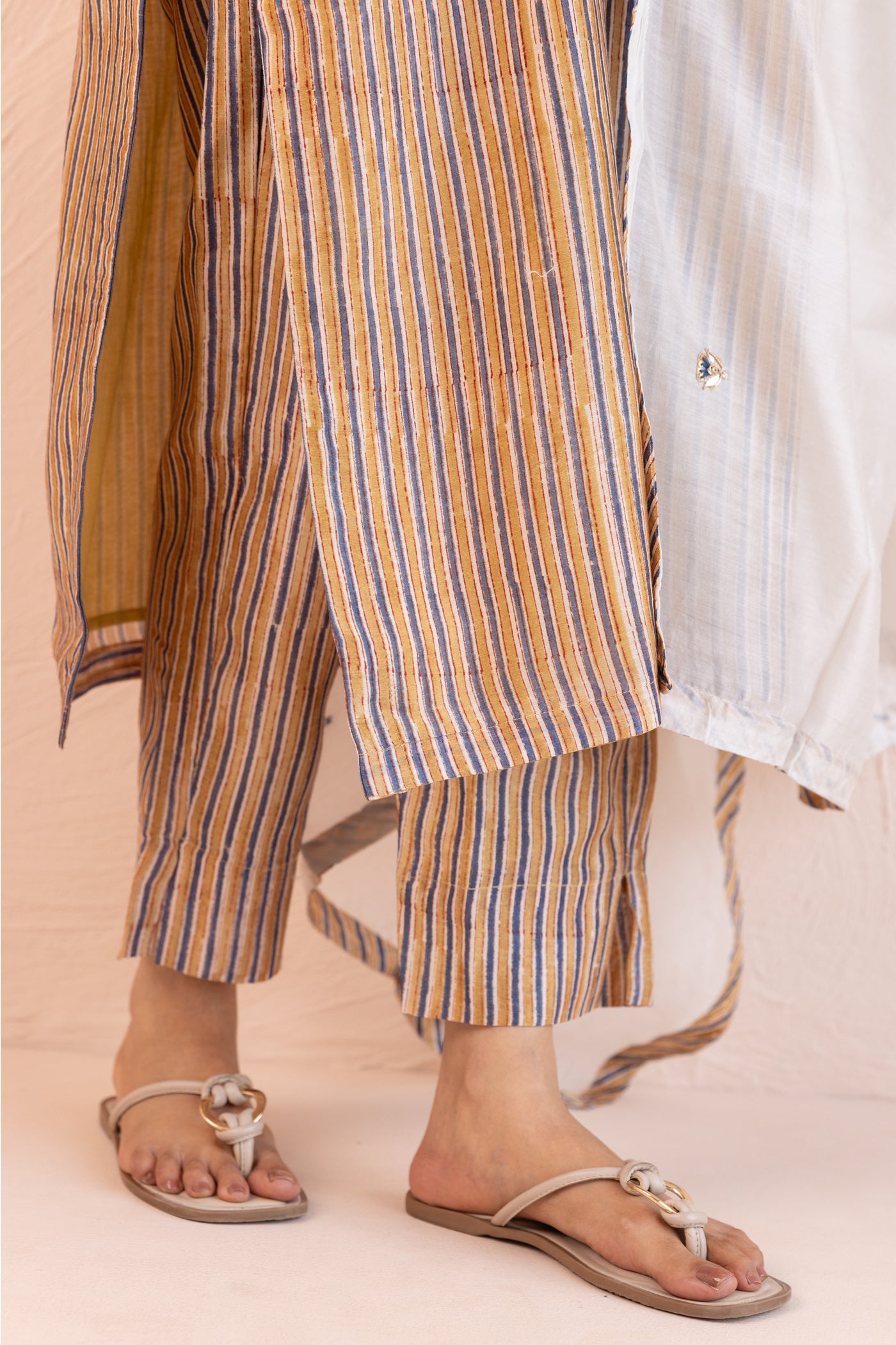 Chanderi Silk Block Print Mahin Stripes Kurta Set in Bronze Mist