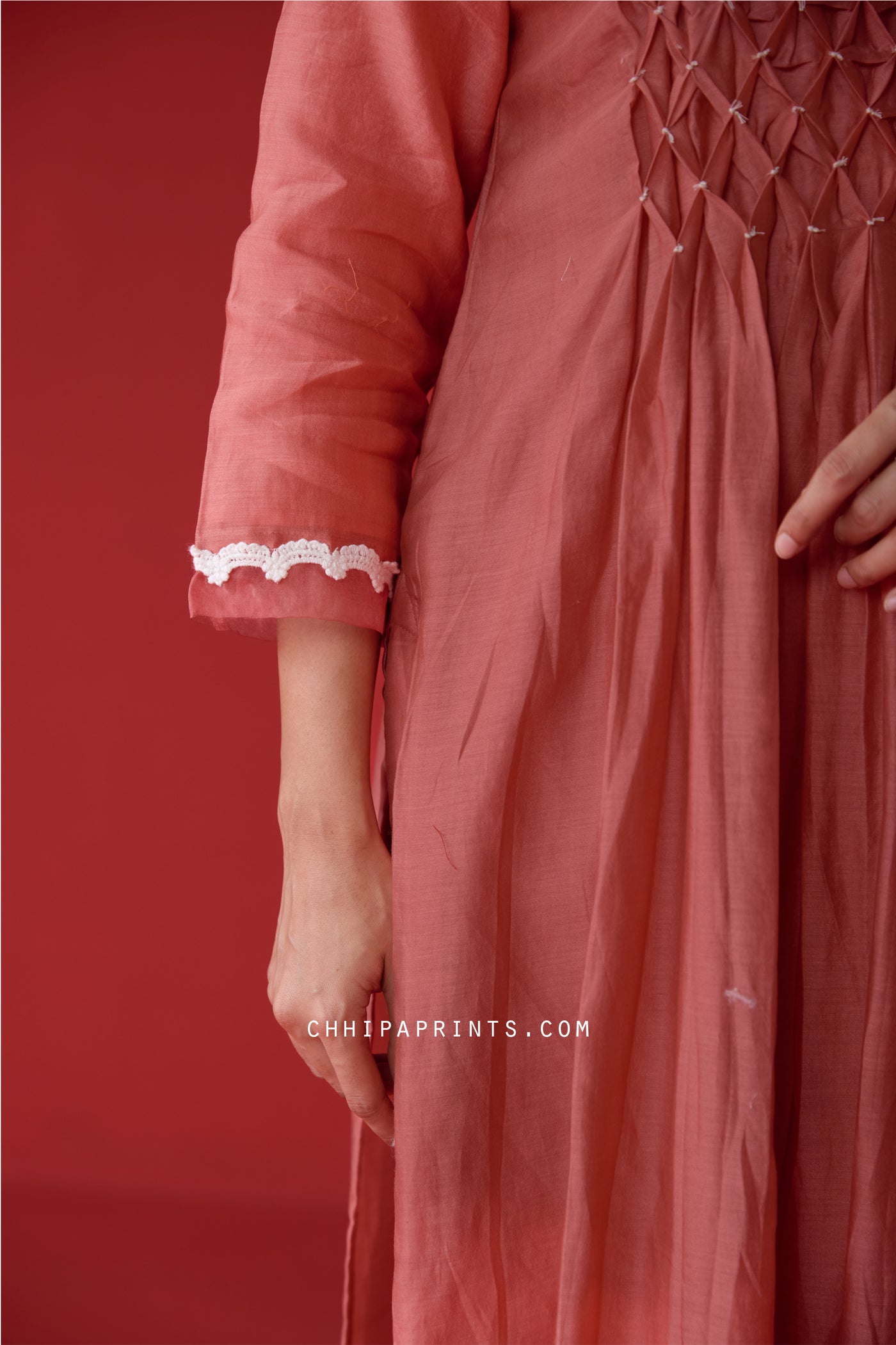Chanderi Silk Smocking Yoke Kurta Set in Faded Rose