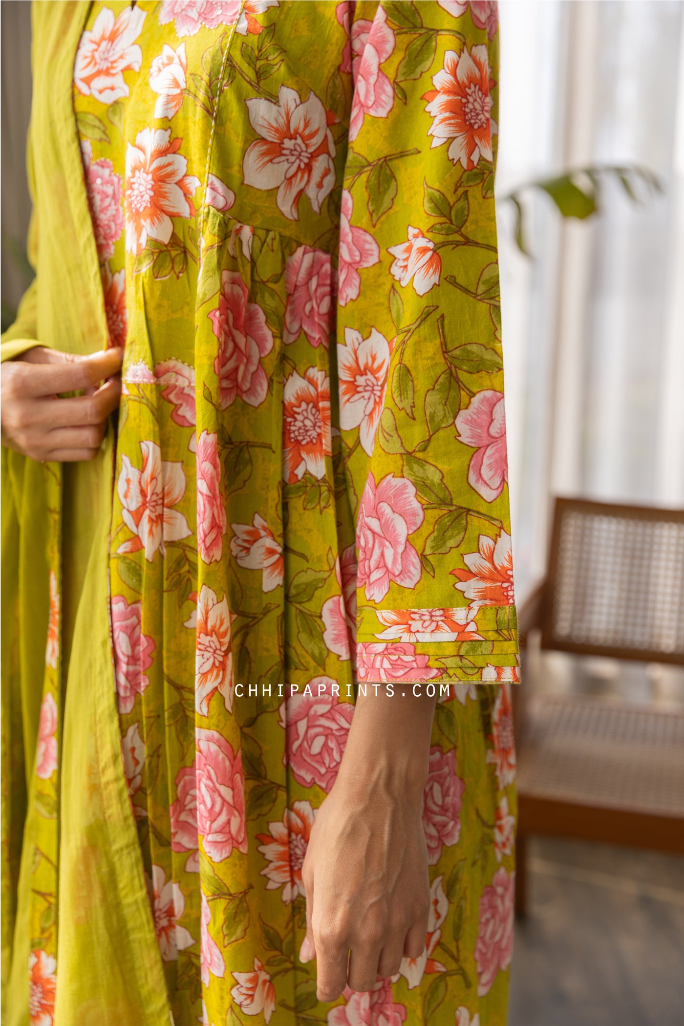 Cotton Lotus Jaal Print Kurta Set in Shades of Lime Green