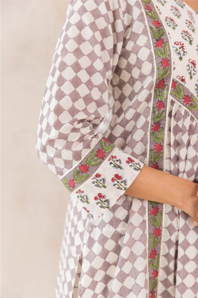 Cotton Block Print Checks Front Gather Kurta Set in Grey