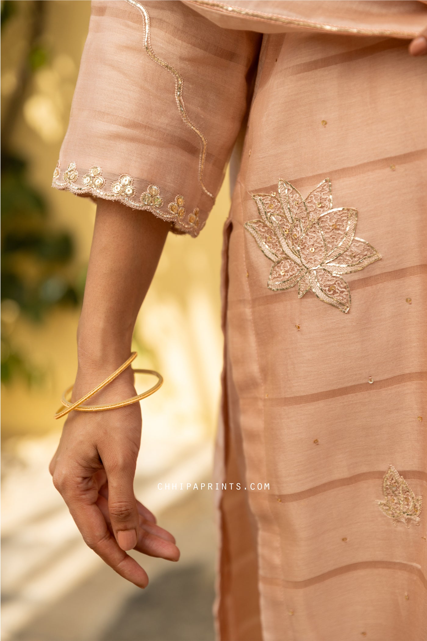 Chanderi Silk Dobby Dabka Embroidery Kurta Set in Cameo Rose