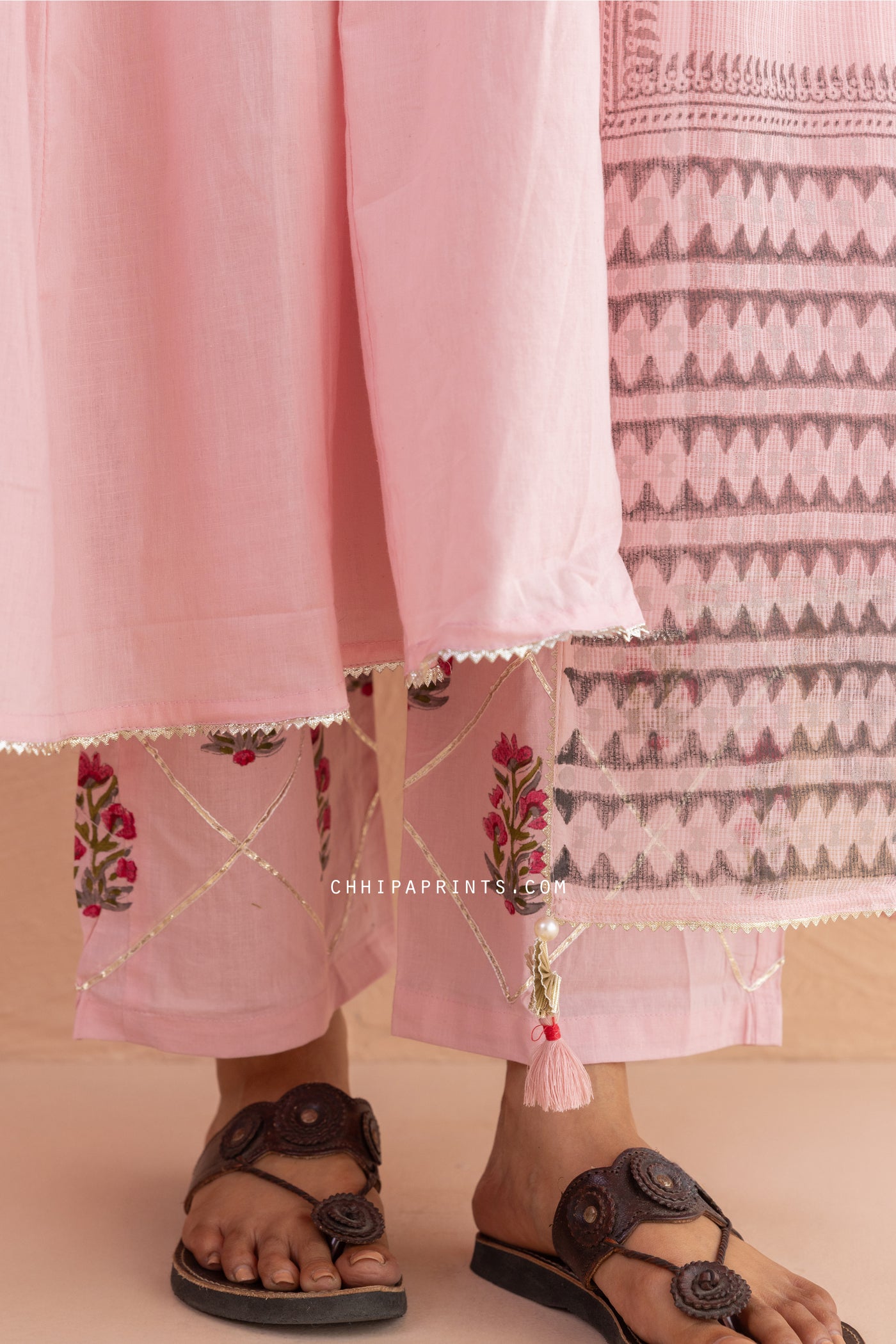 Cotton Block Print Matka Anarkali Kurta Set in Baby Pink