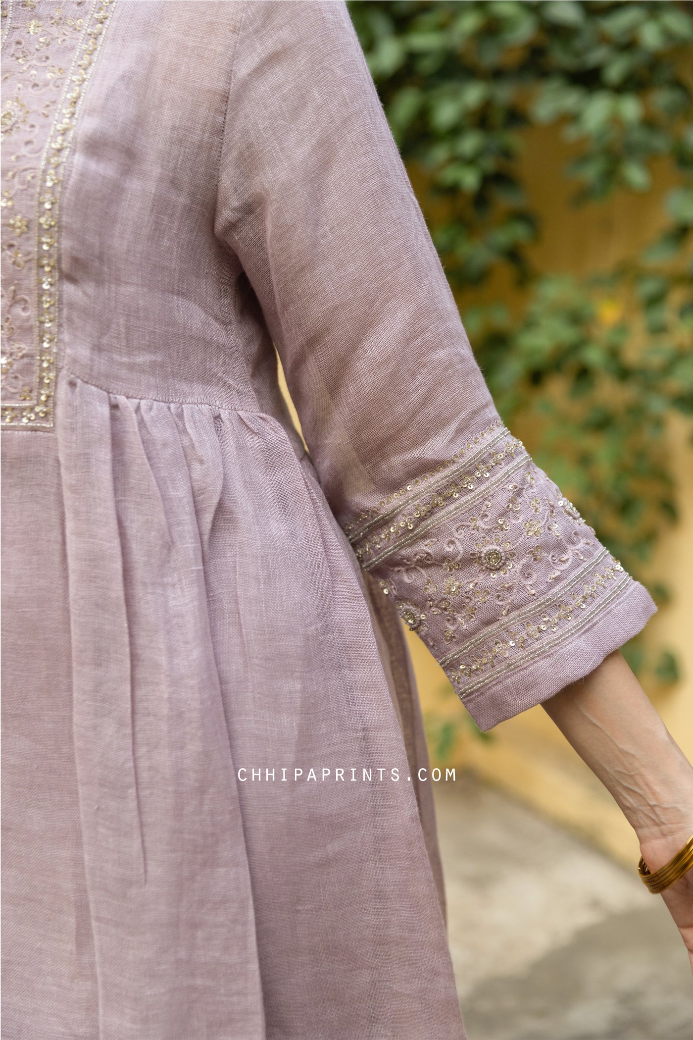 Linen Gauze Hand Embroidered A line Gather Kurta Set in Lavender Frost