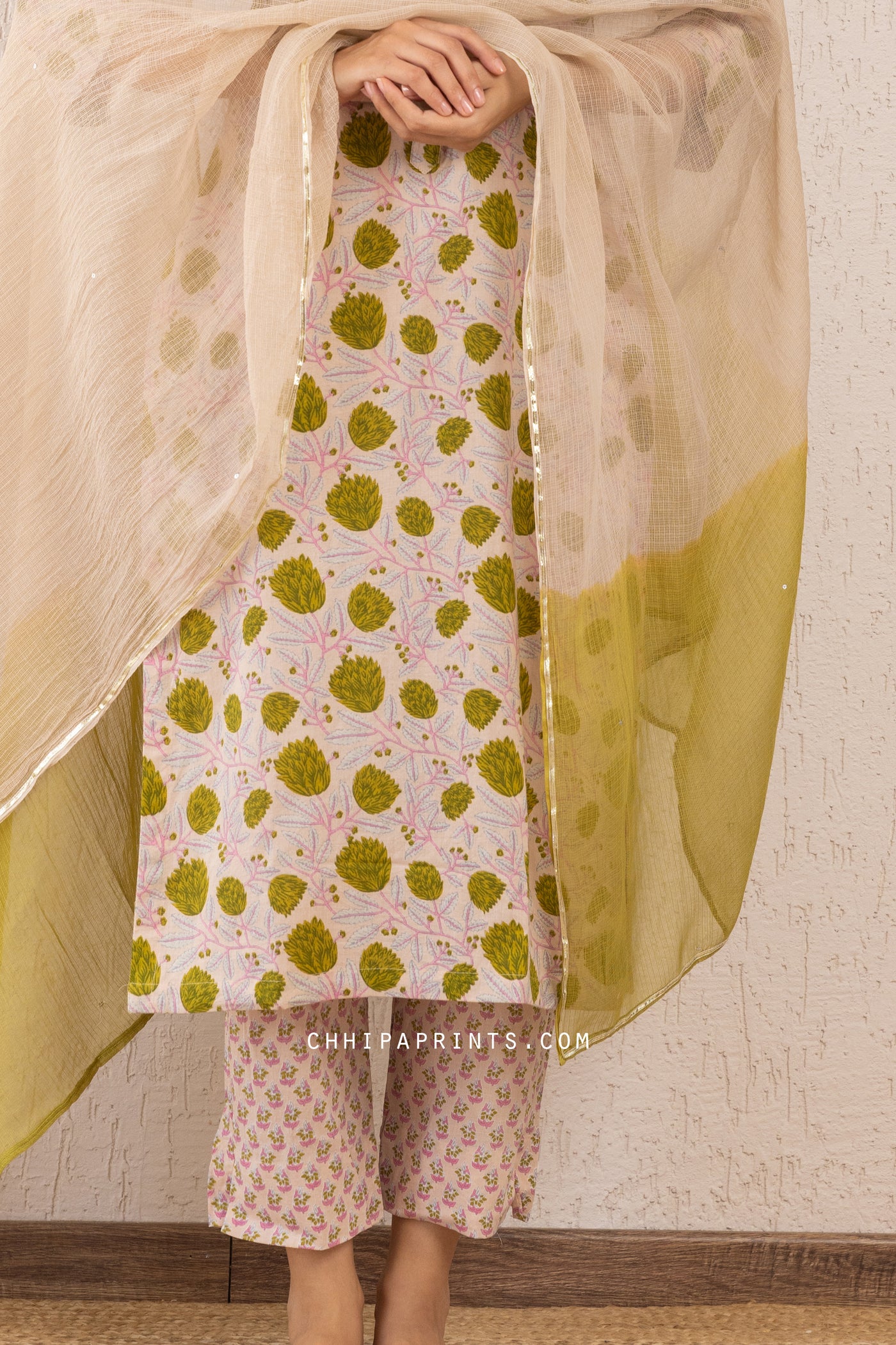 Cotton Mughal Lily Jaal Print Kurta Set in Shades of Beige & Green