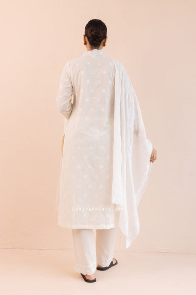 Cotton Jaal & Buti Embroidered Kurta Set in Tofu White