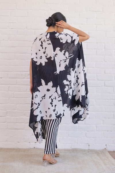 Cotton Hand Printed Asymmetrical Kaftan and Pant Co Ord Set in Black