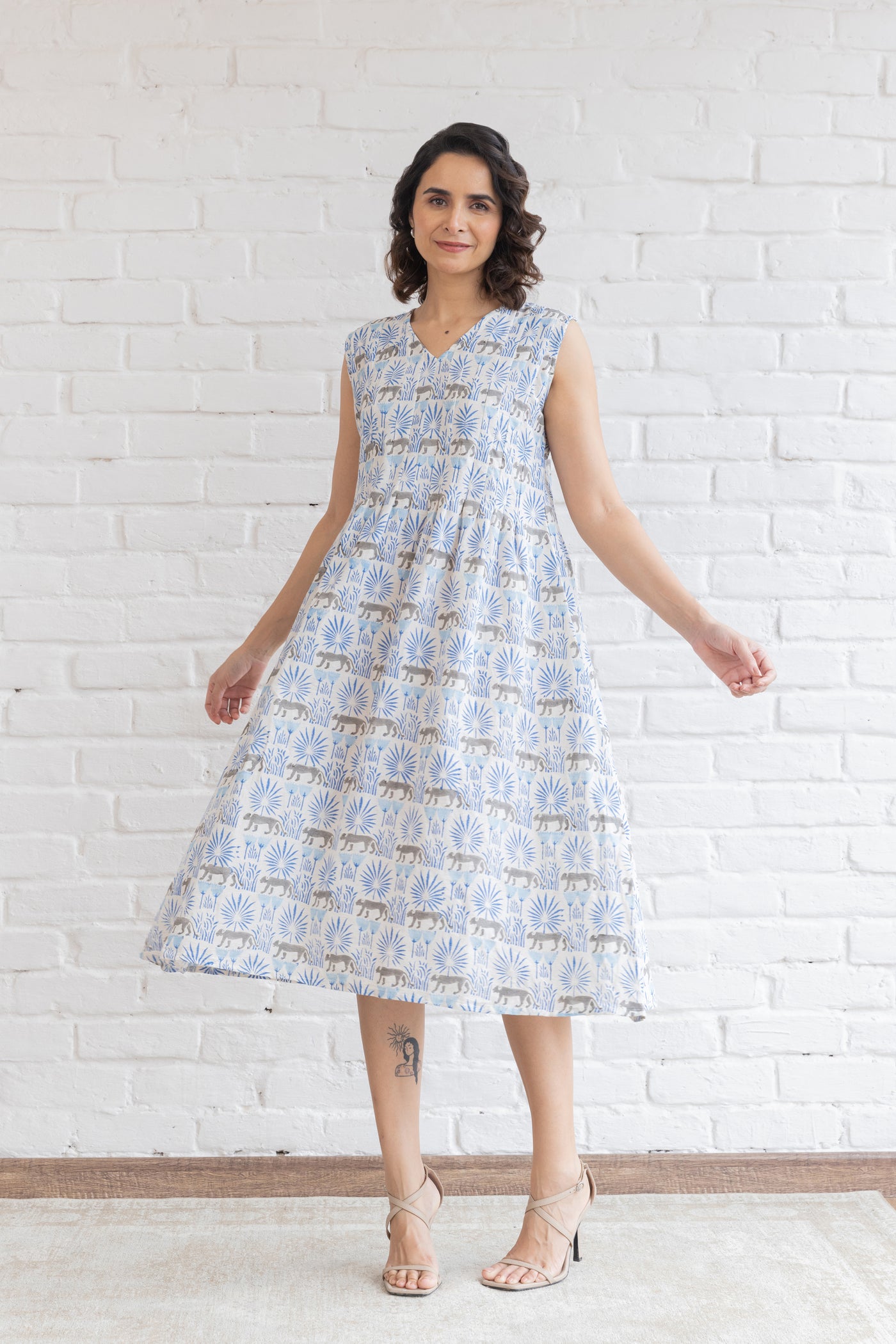 Cotton Jungle Print Midi Dress & Overlay in Shades of Blue