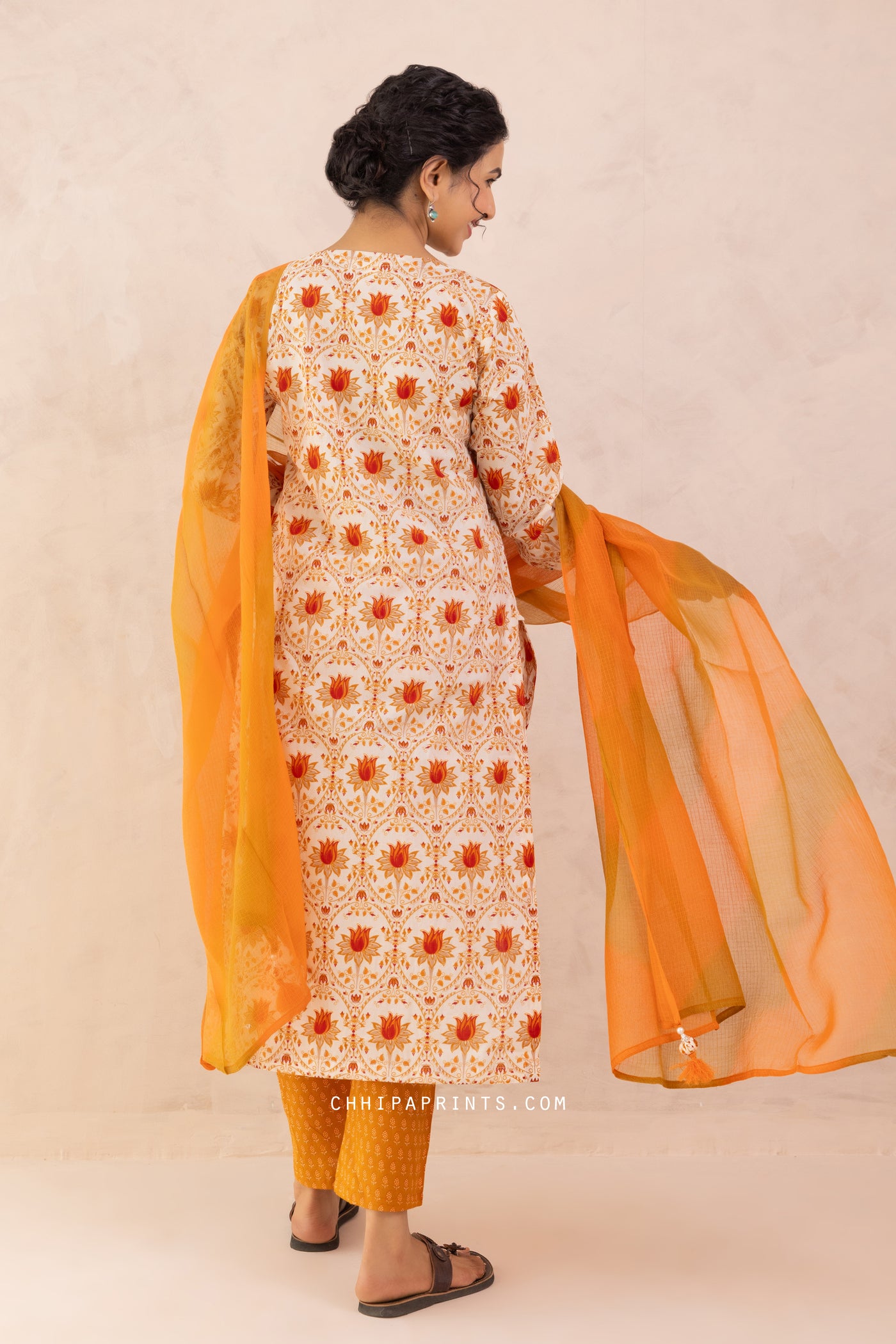 Cotton Hand Printed Lotus Buti Kurta Set in Shades of Mustard & Orange