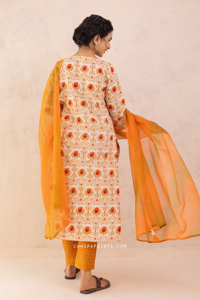 Cotton Hand Printed Lotus Buti Kurta Set in Shades of Mustard & Orange