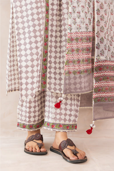 Cotton Block Print Checks Front Gather Kurta Set in Grey
