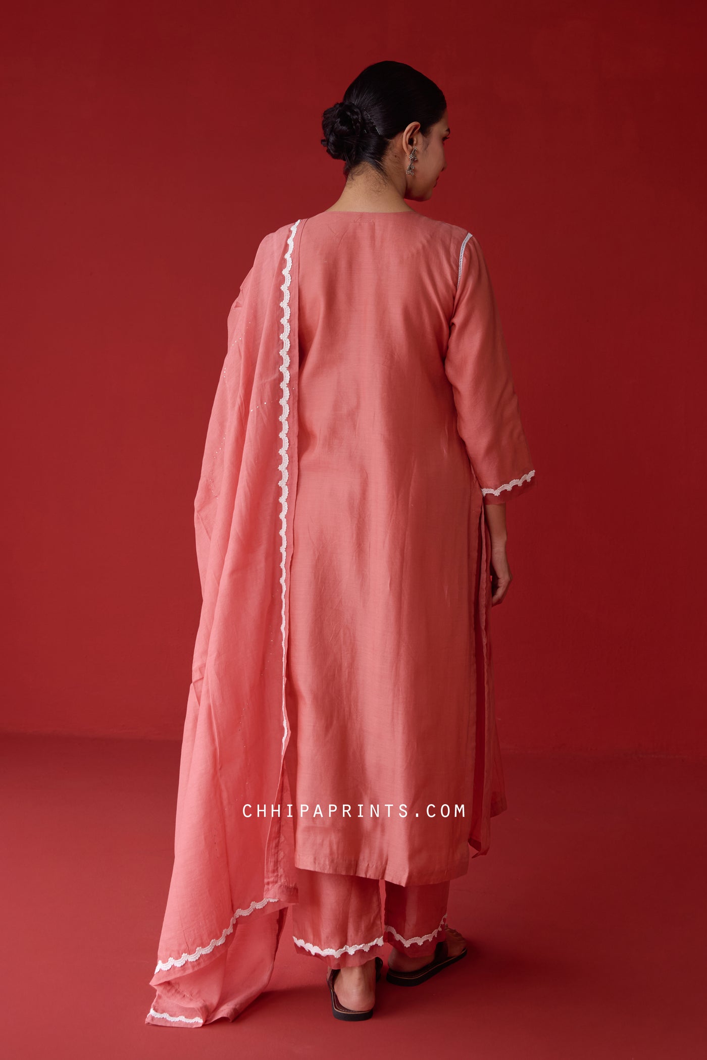 Chanderi Silk Smocking Yoke Kurta Set in Faded Rose