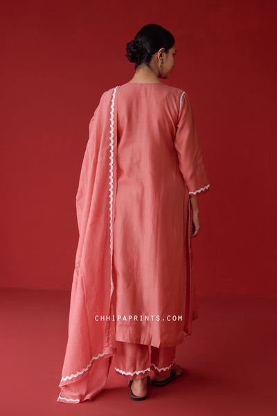 Chanderi Silk Smocking Yoke Kurta Set in Faded Rose