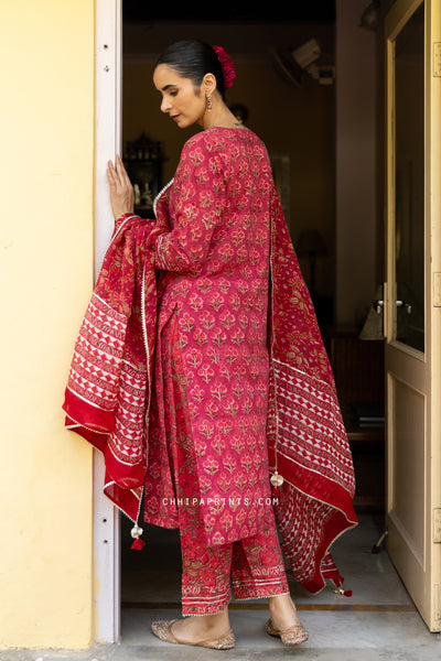 Cotton Block Print Gud Buti Kurta Set in Shades of Red