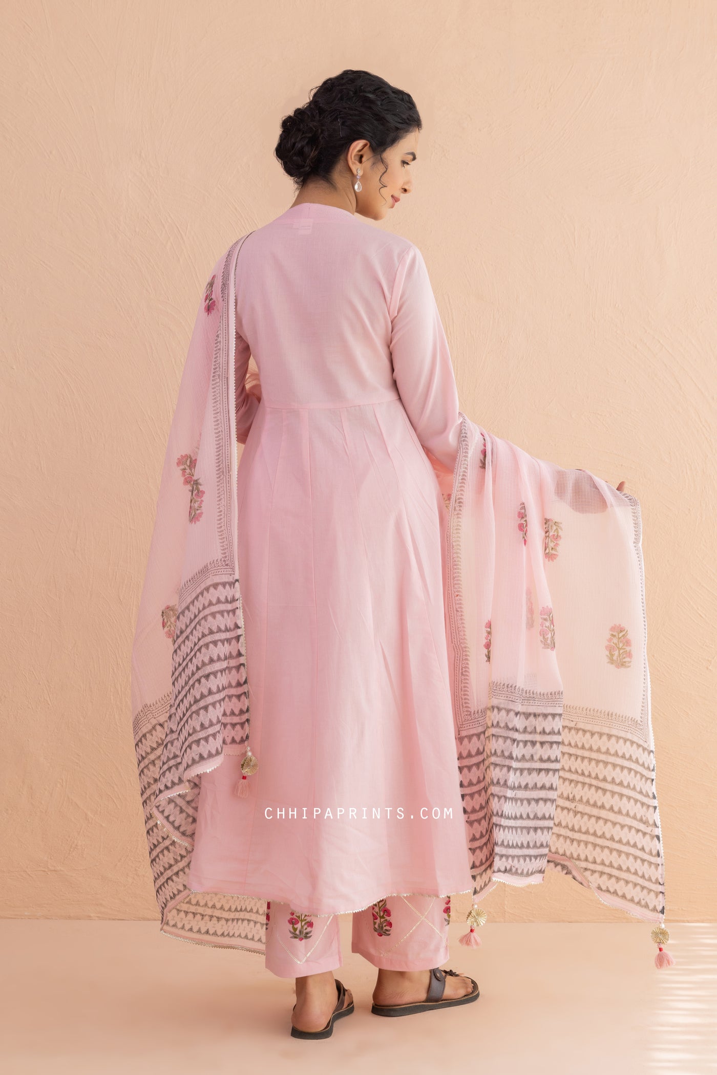 Cotton Block Print Matka Anarkali Kurta Set in Baby Pink