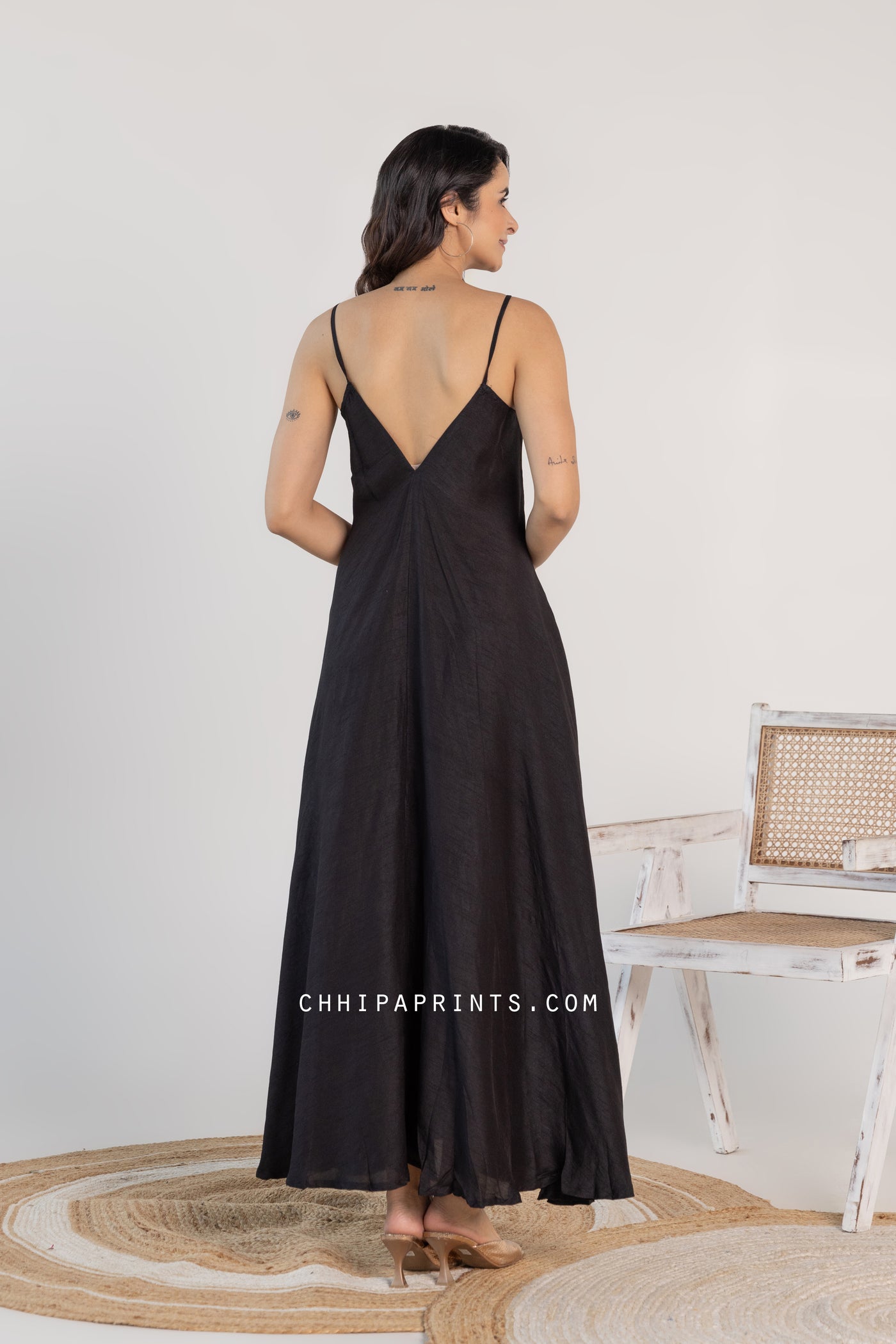 Raw Silk V Neck Strappy Dress in Solid Black
